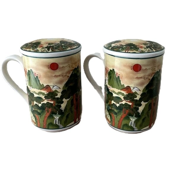 Fine China Oriental Tea Mug with Lid Set 2 by Bossigi - Picture 4 of 6
